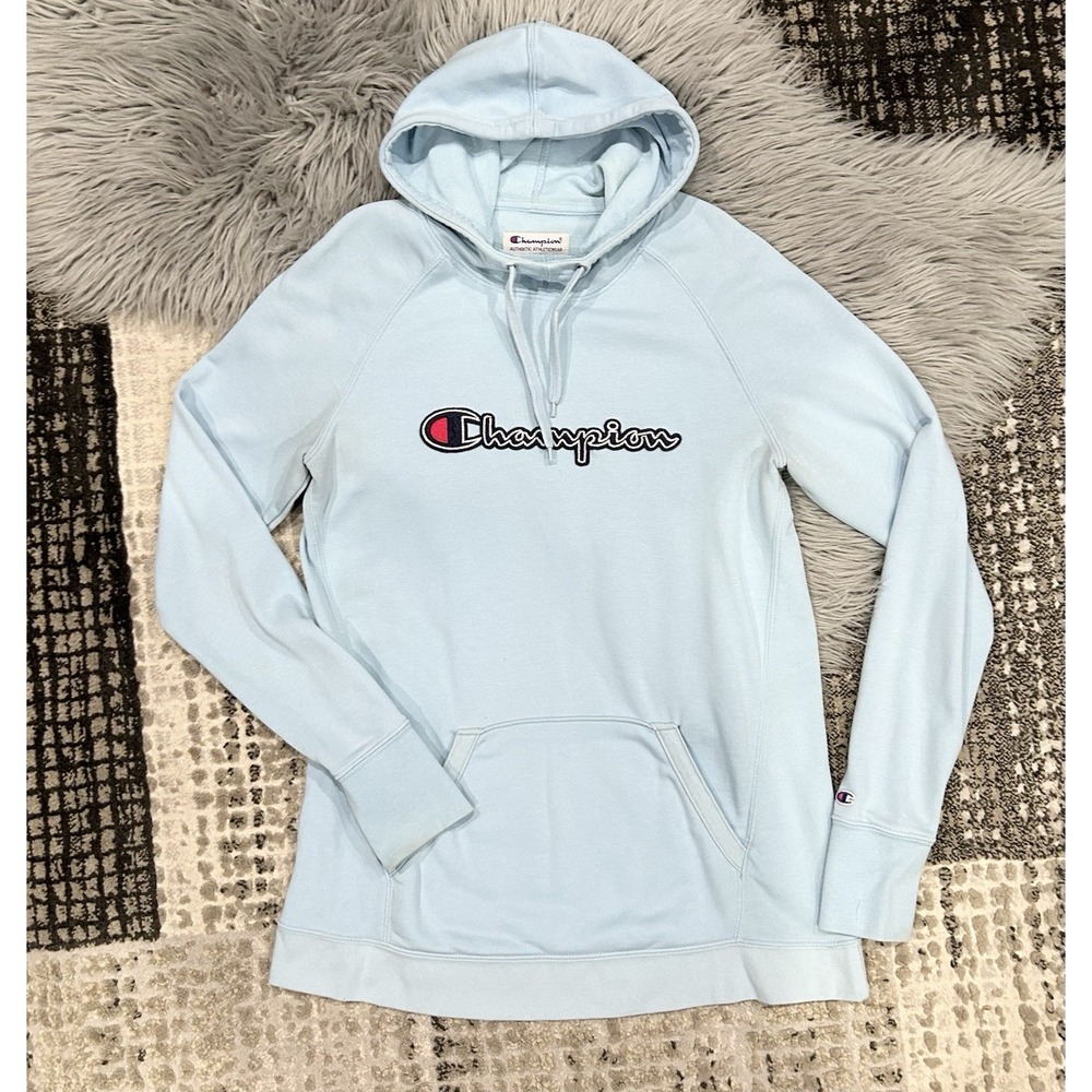 Champion High Neck Hoodie Sweatshirt Women's L Blue Logo Cotton Blend Pockets